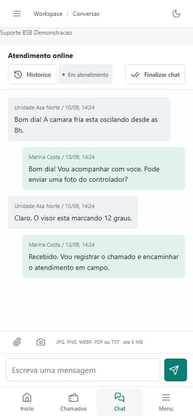 Chat do Suporte BSB no celular, com câmera e anexos