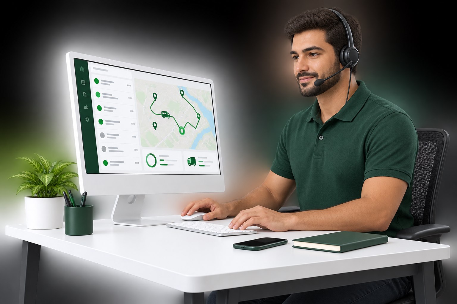 Técnico de suporte com headset acompanhando rotas e chamados em um computador branco